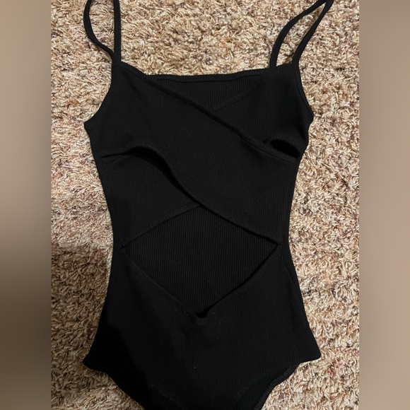 Lulus Ribbed Crisscross Back Square Neck Black Bodysuit - Picture 3 of 3
